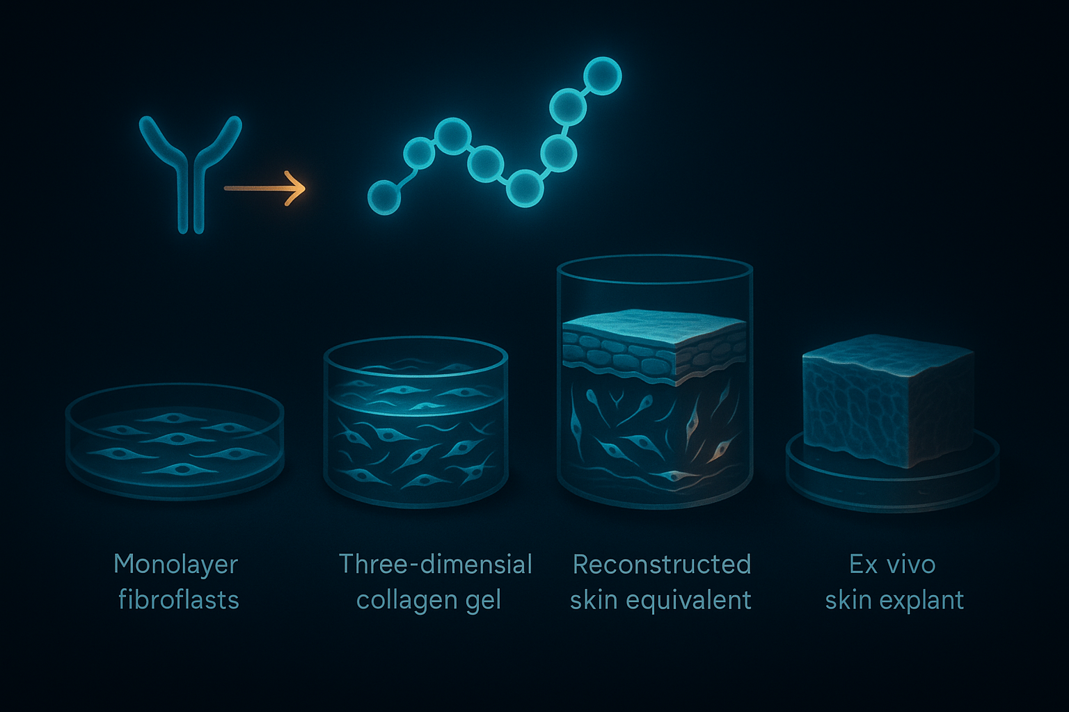Comparative diagram of four dermal matrix research model types: monolayer fibroblast culture, three-dimensional collagen gel,