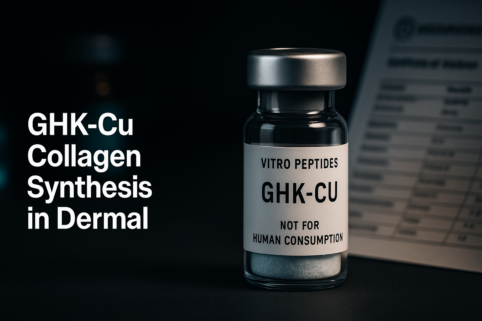 Amber vial of lyophilized GHK-Cu copper complex reference standard on a dark laboratory benchtop with a Certificate of Analys