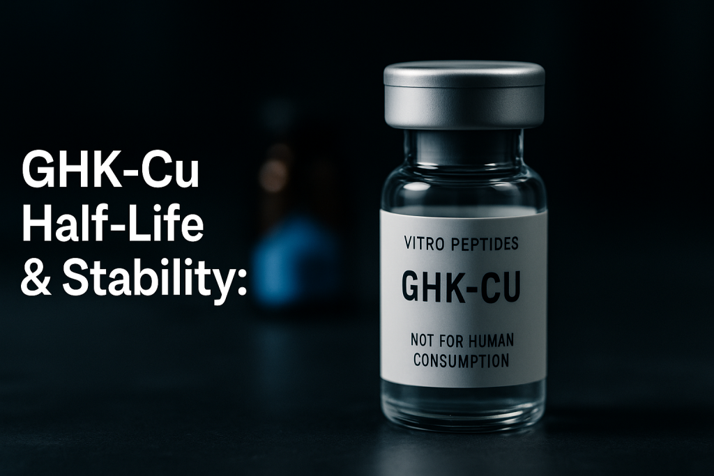Amber vial of lyophilized GHK-Cu copper complex showing characteristic blue-violet color on laboratory benchtop