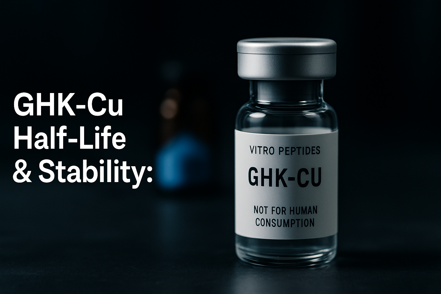 Amber vial of lyophilized GHK-Cu copper complex showing characteristic blue-violet color on laboratory benchtop