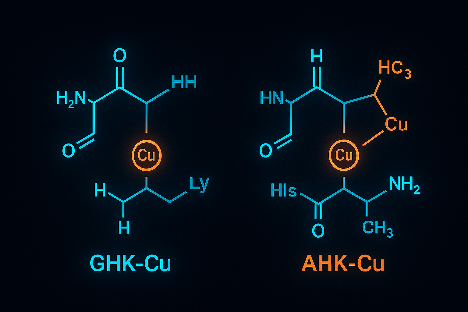 Molecular structure comparison diagram of GHK-Cu and AHK-Cu copper complex complexes highlighting the glycine versus alanine 
