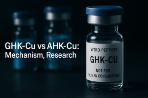 Two vials of lyophilized blue copper complex reference standards on a dark laboratory benchtop