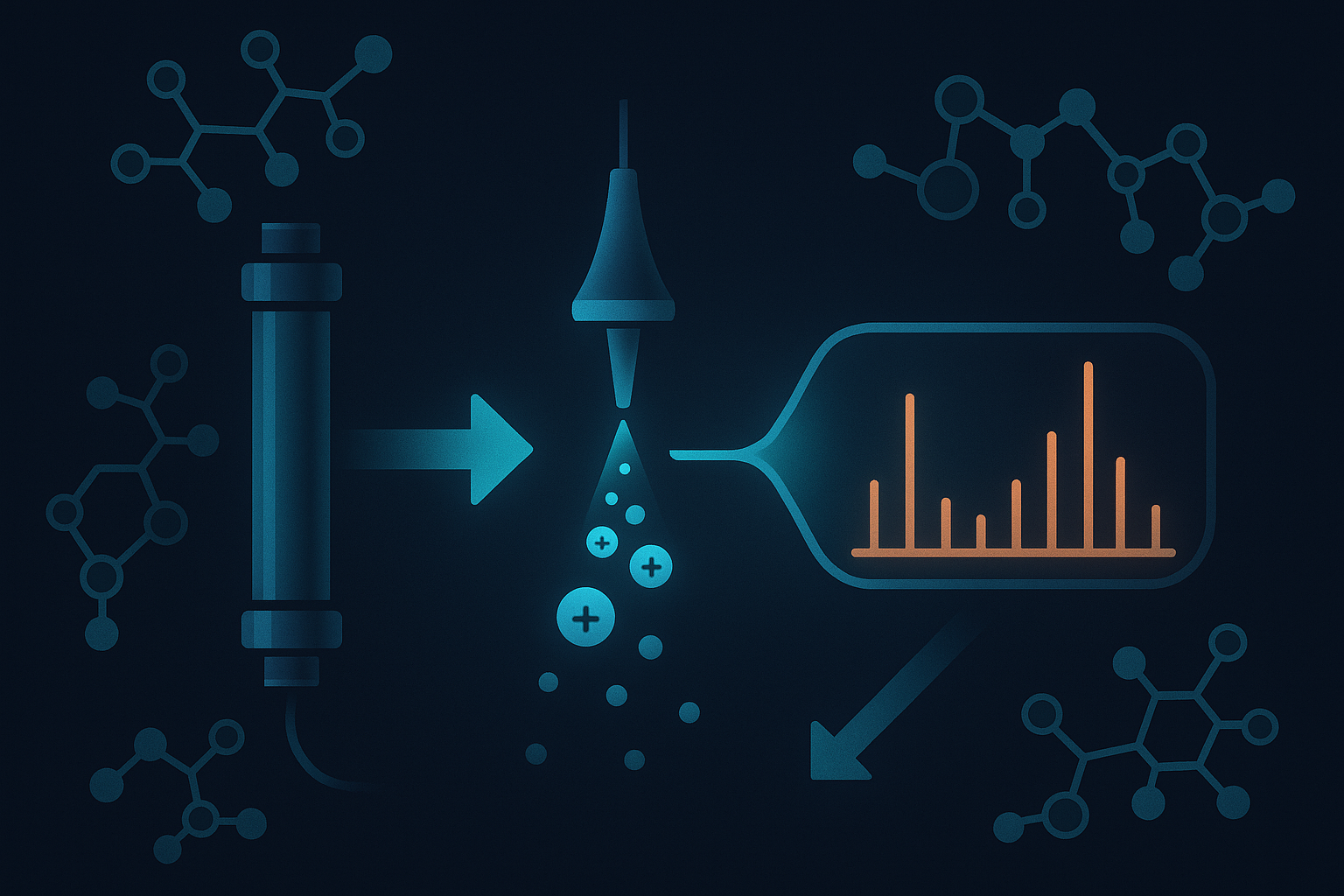 Schematic diagram of a compound LC-MS workflow from HPLC column through electrospray ionization to mass analyzer and spectrum