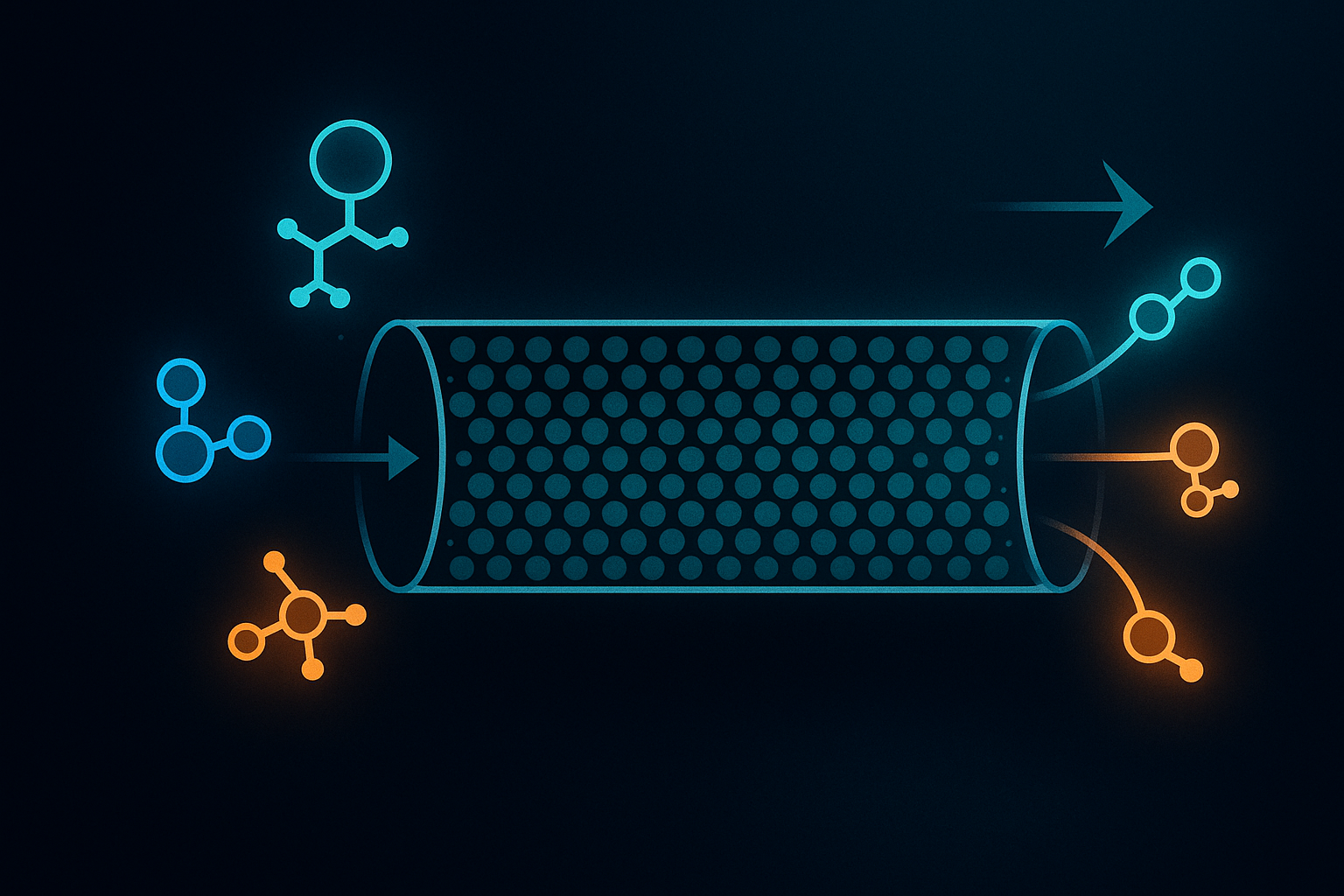Schematic diagram of a reversed-phase HPLC column separating three compound components at different retention times under an