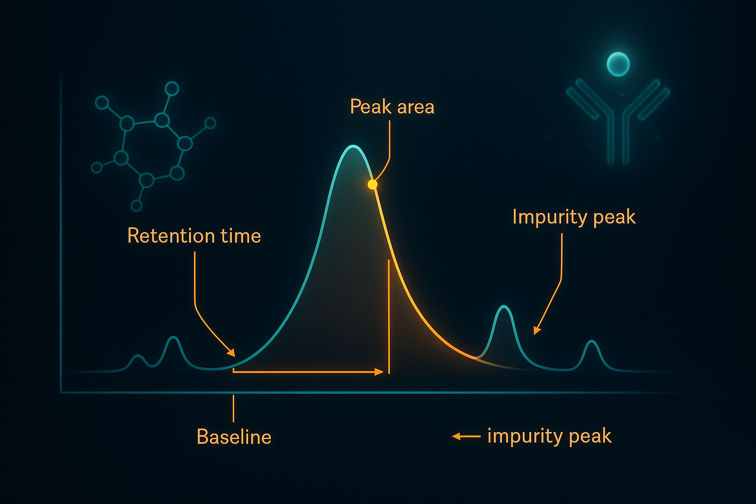 Annotated chromatogram diagram showing retention time, peak area, baseline, and an impurity peak trailing the main compound p