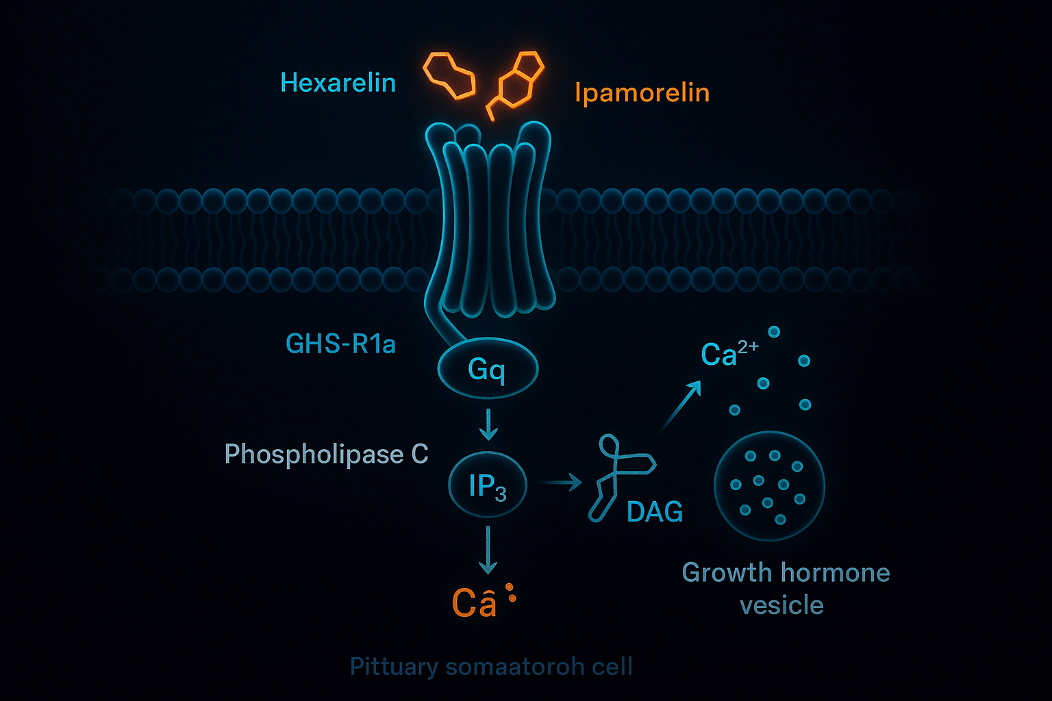 Diagram of GHS-R1a receptor signaling cascade showing G-protein activation, phospholipase C, calcium release, and growth horm