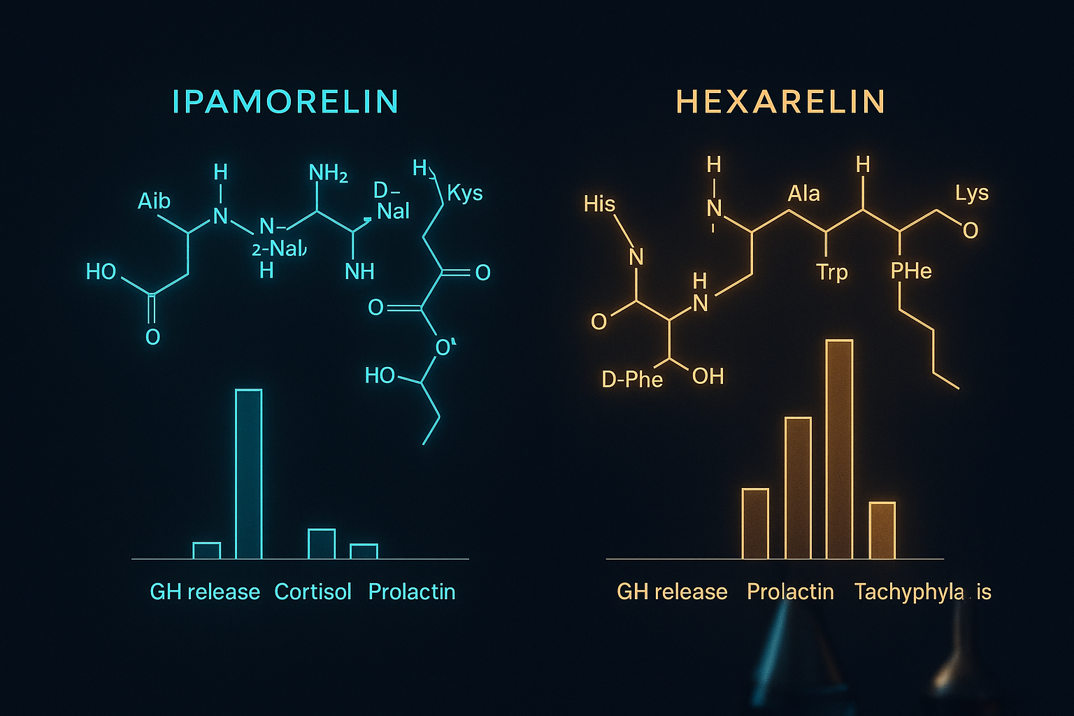 Side-by-side molecular structure comparison of Ipamorelin 5-amino-acid compound and Hexarelin hexacompound with bar chart com