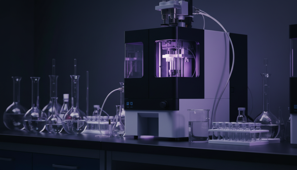 Analytical laboratory bench with scientific instruments