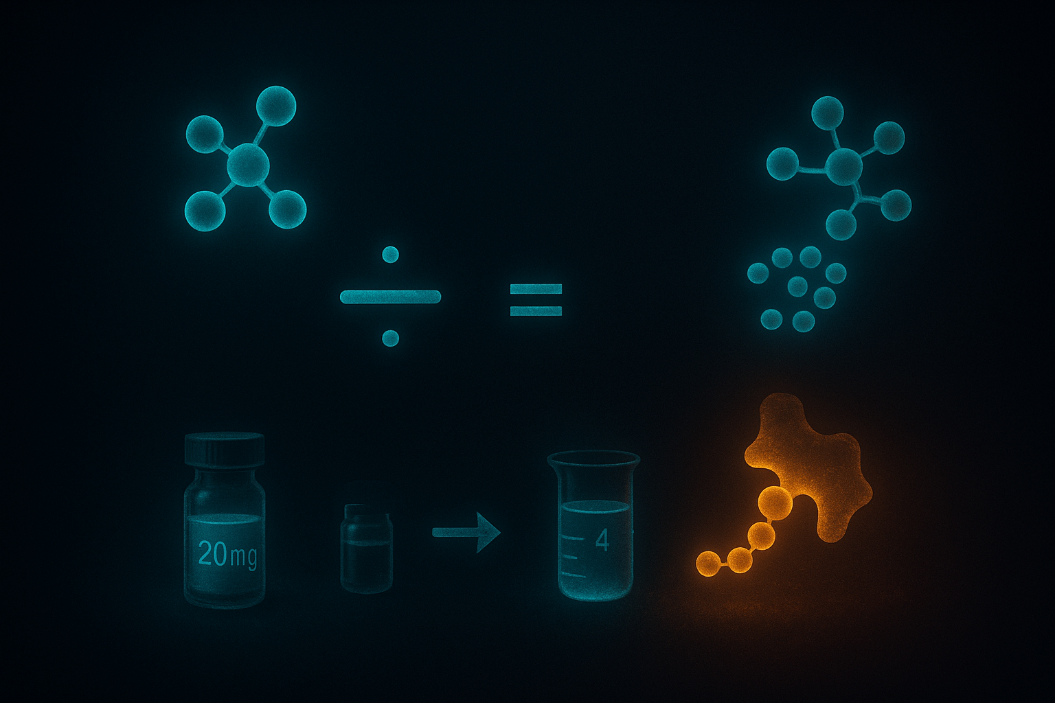 Compound reconstitution formula diagram showing mass divided by volume equals concentration with worked example