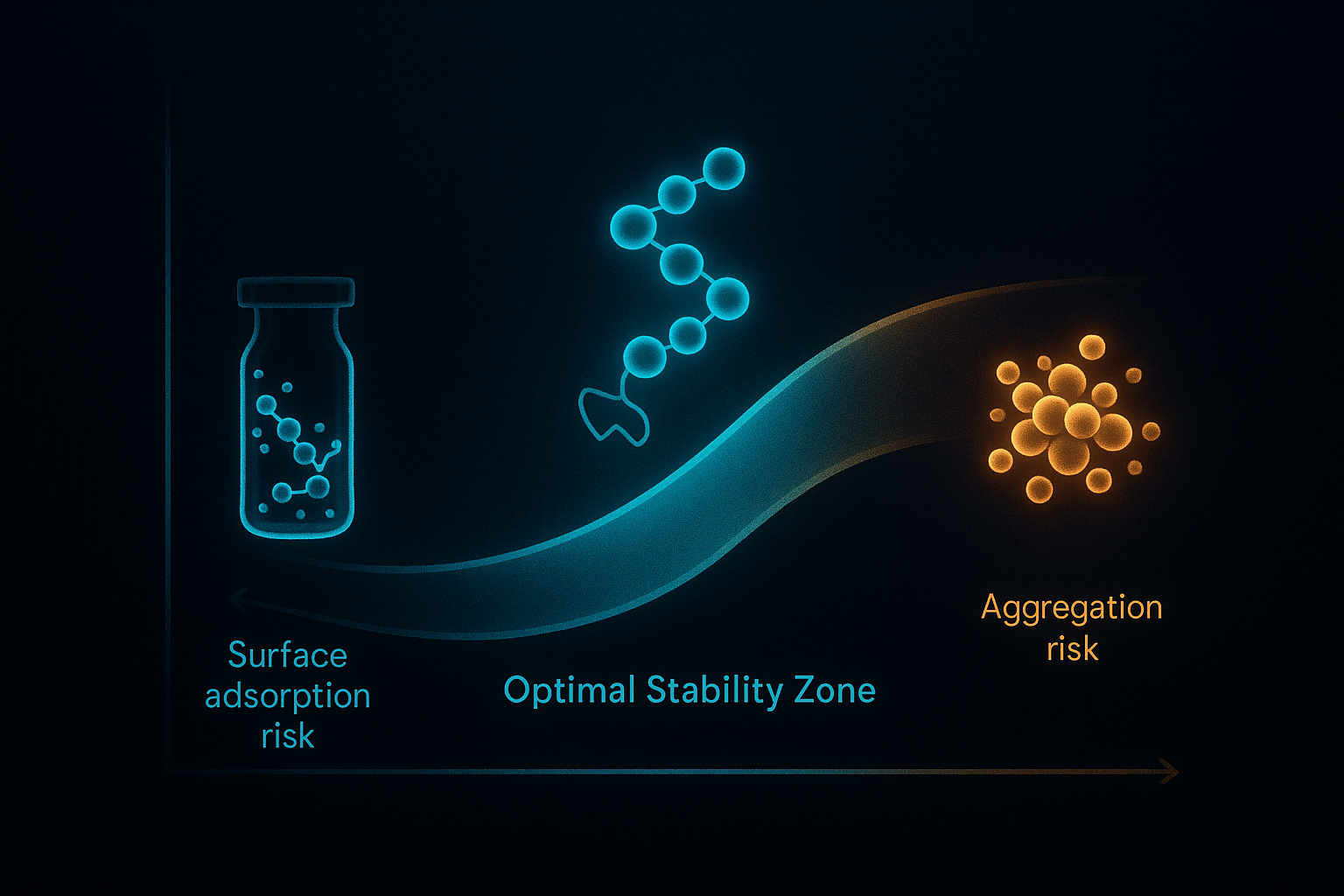 Diagram showing optimal compound reconstitution concentration range between surface adsorption risk at low concentrations and