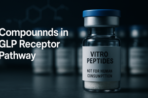 Research vials on laboratory bench representing GLP receptor pathway compounds for research use